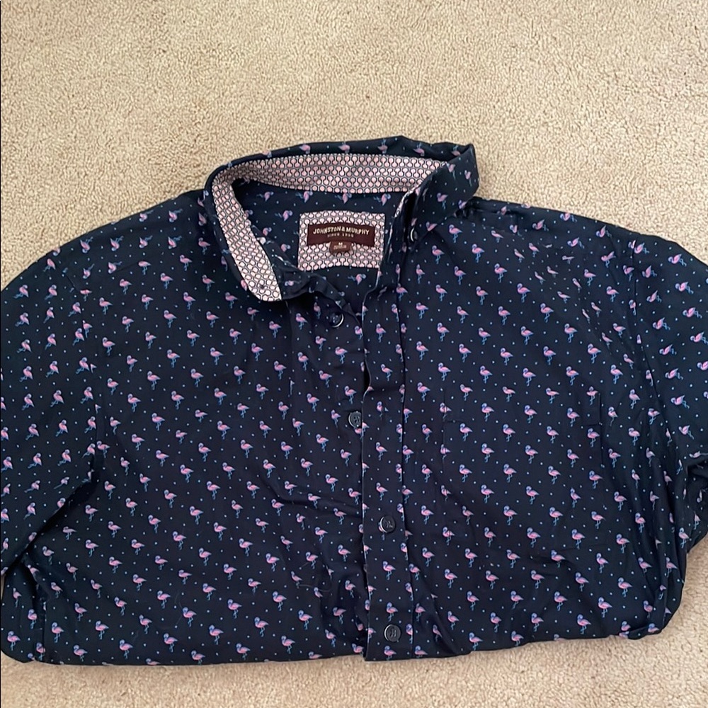 Johnston and Murphy Navy Flamingo Print short sleeved Shirt